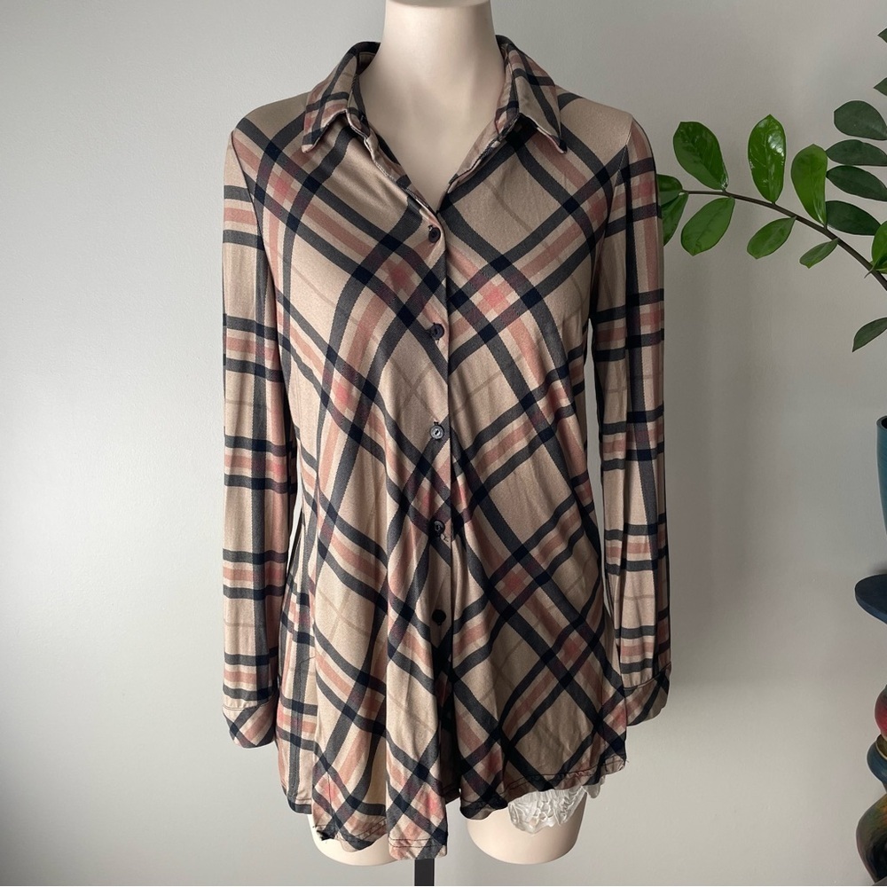 Michael Tyler Check Button Down Drapey Top Shirt Womens Size Small